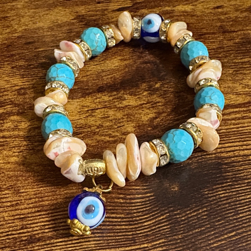 Turquoise and Gold Evil Eye Stretch Bracelet - Picture 1 of 3